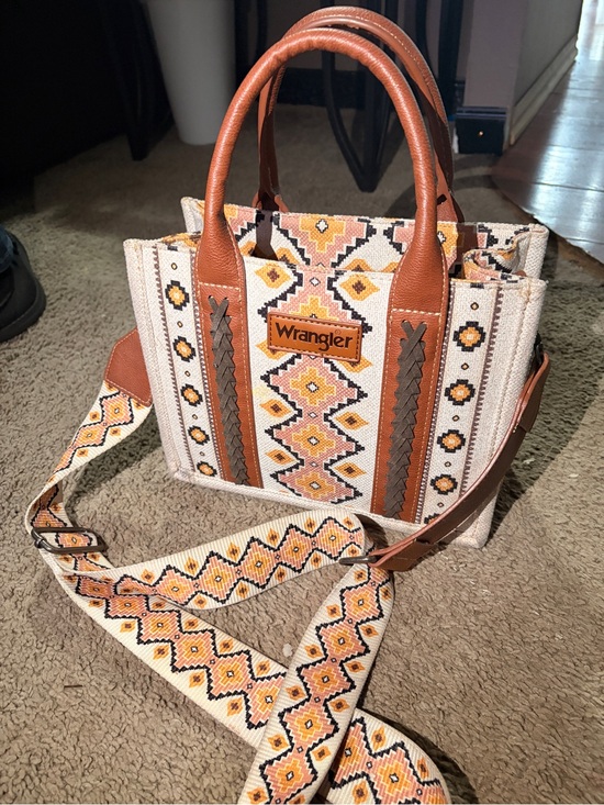 Wrangler Handbags - Wrangler Beige, Tan & Yellow Patterned Crossbody Tote with Detachable Strap